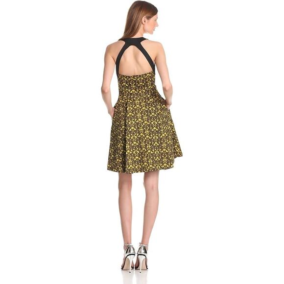 B0 Auth ROBERT RODRIGUEZ Gold/Blk Fit & Flare Pleated Filigree Print Dress Sz 6 - Picture 2 of 8